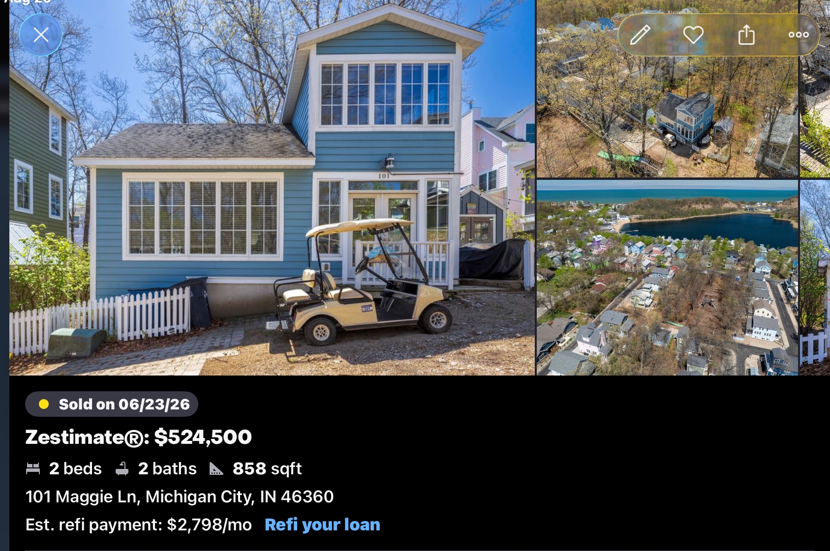 101 Maggie Lane, Michigan City — 858 sq ft Cason Park cottage that sold for $522,000 on 6/23/2026 ($608/sf), triple its 2013 basis.