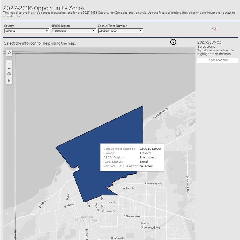 IEDC 2027–2036 Opportunity Zone map filtered to LaPorte County census tract 18091043000, shown as Selected and Rural, covering the Michigan City lakefront
