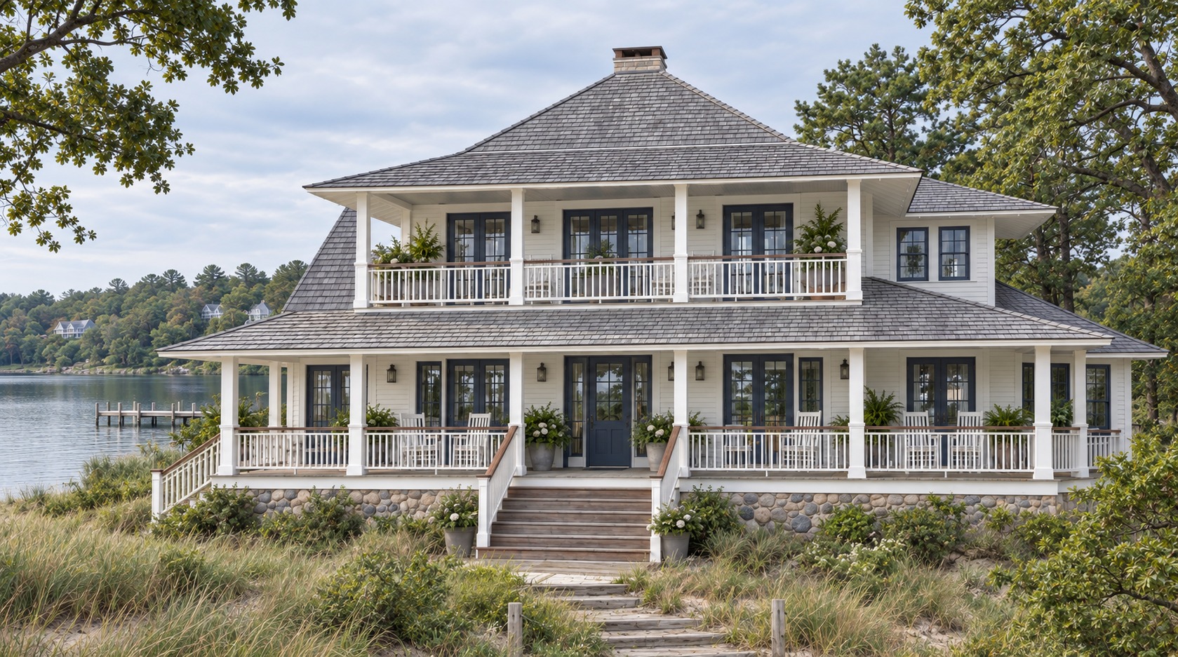 Indiana Dunes Club Hawaiian farmhouse signature home on Lake Kai, conceptual daylight rendering